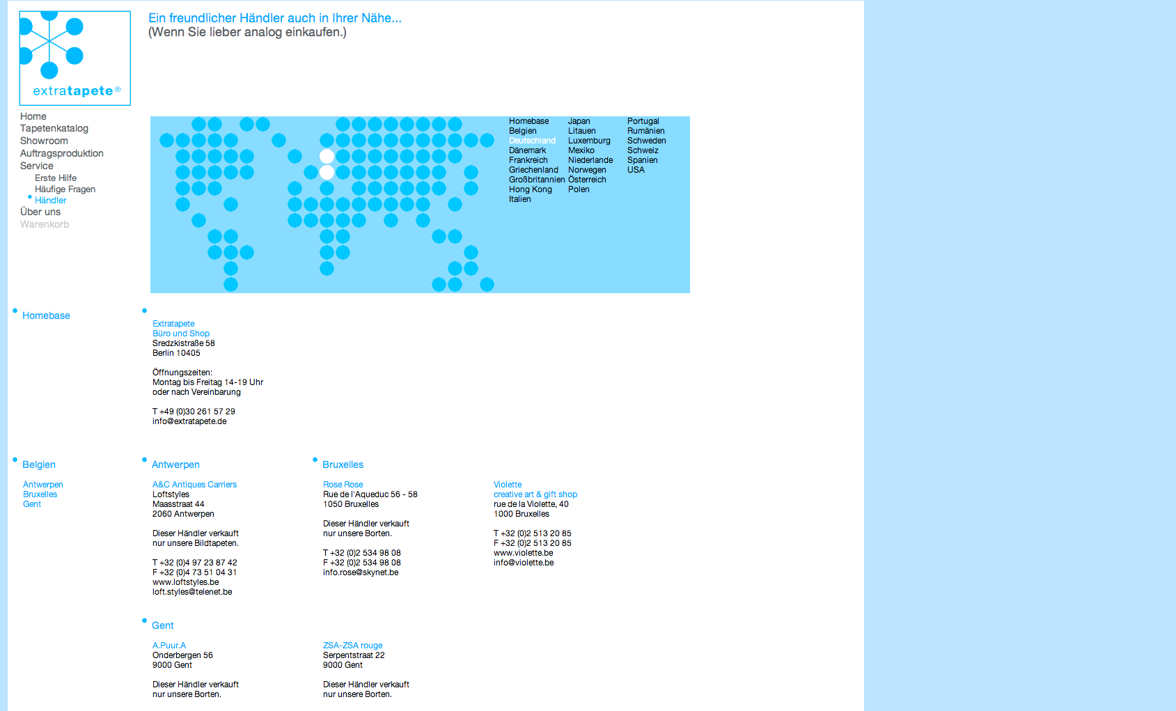 Screenshot Wolken.07/Webseite extratapete (Adressverzeichnis Händler und Versandzonen, Weltkarte)